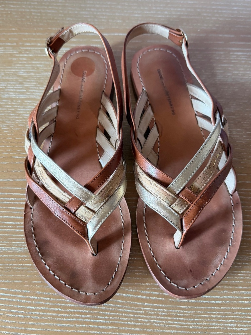 Diane Von Furstenberg Carley Sandals Gold & Brown Leather, Cork US 8.5